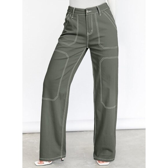 Women Four Leaf Clover Casual Mid Waist Stretch Button Wide Leg Denim Cargo Pant - Picture 4 of 6